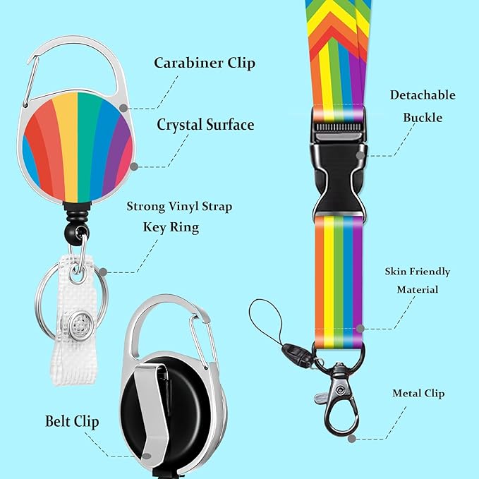 ID Badge Holder with Lanyard Retractable Badge Reel Clip Rainbow LGBT Pride Card Name Tag Lanyard Vertical ID Protector Bage Clips for Nurse Nursing Doctor Teacher Student