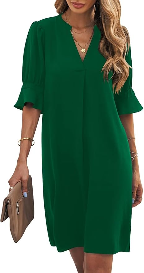 Wkior Shift Dress for Women V Neck Short Sleeves Solid Color Casual Flowy Summer Dresses(S-2XL)