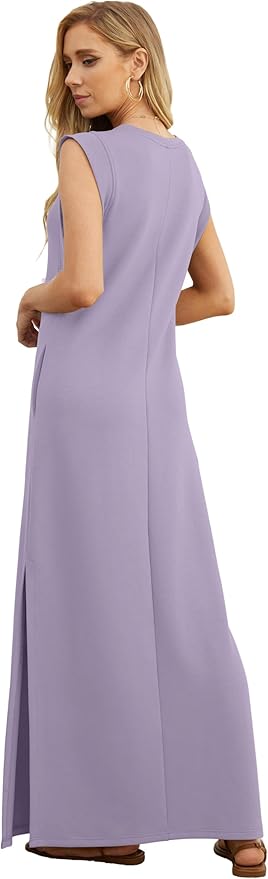 GRECERELLE 2026 Women Year-Round Casual Round Neck Loose Split Wrinkle-Free Long Maxi Vacation Dress with Pockets (XXS-4XL)