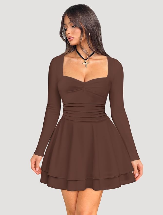 IWD Women's Square Neck Long Sleeve Mini Dress Ruched Corset Waist Tiered Ruffle Hem A Line Short Party Dresses