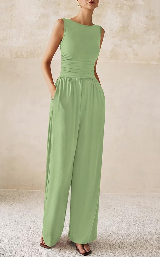 PRETTYGARDEN One Piece Jumpsuits for Women Dressy Casual Sleeveless Crewneck Wide Leg Rompers Jumpers Vacation Summer Outfits
