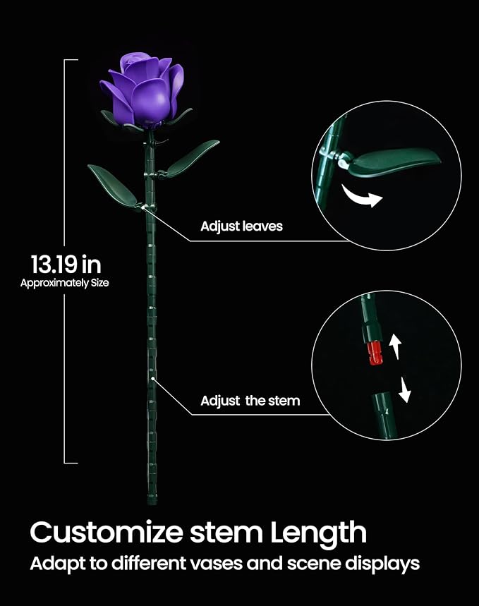 iATOM Purple Rose Bouquet Building Set, 12Pcs Flowers Botanical Collection for Adults Women, Valentine's Day Gift for Her/Girlfriend/Mom/Wife/Couple, Purple Retro Home Office Table Centerpiece Decor