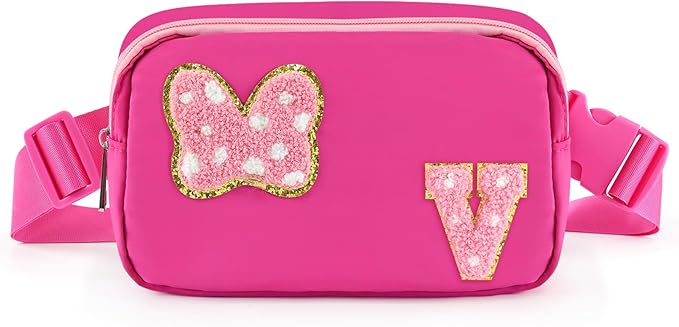 Chenille Initial Letter Bow Mouse Fanny Pack, Waterproof Park Crossbody Bag Christmas Birthday Gifts for Teen Girls Daughter Women Kids Adults, Cute Belt Bag Must Haves for Park Travel (V, Rose Red)