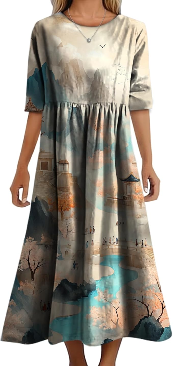 MARSVOVO Trendy Dresses for Women 2025 Classic Fairy Flowy Sundress Relaxed Fit Dress with Side Pockets