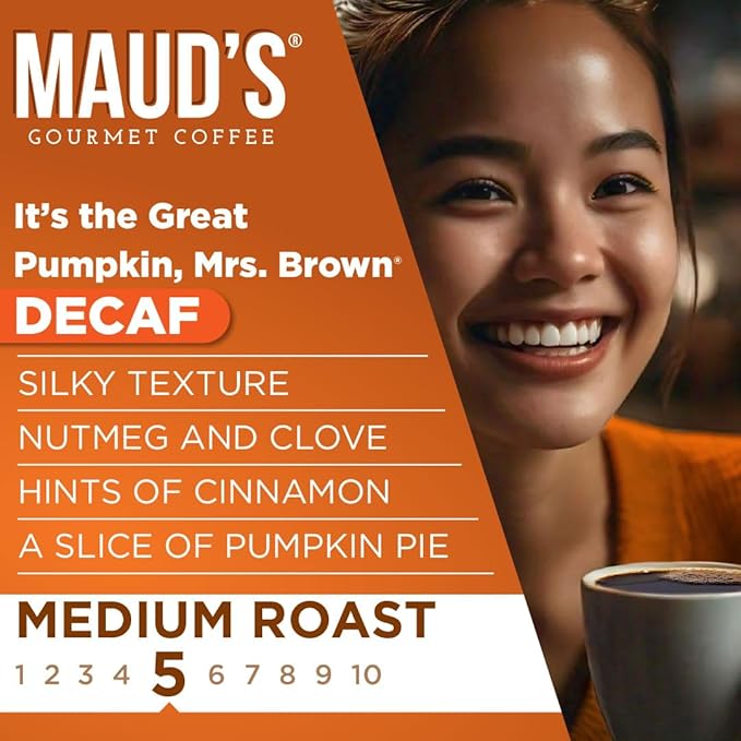 Maud's Decaf Pumpkin Spice Flavored Coffee Pods, 36 ct, Medium Roast Flavored Coffee in Recyclable Single Serve Pods – 100% Arabica Beans, Compatible with Keurig K Cups Maker