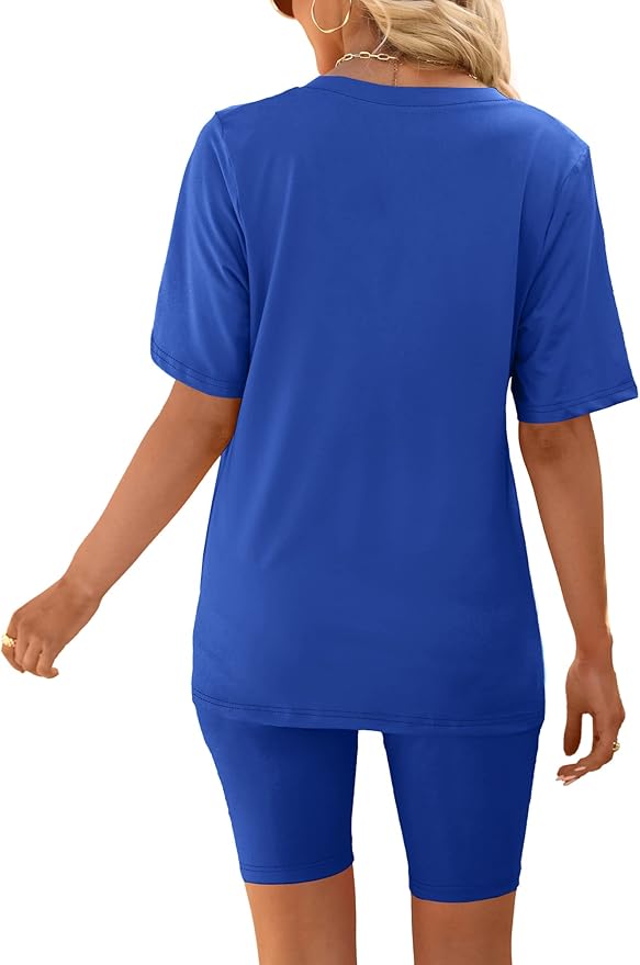 AGSEEM Two Piece Outfits For Women Summer V Neck T-Shirt Tops Biker Shorts Workout Sports Tracksuit
