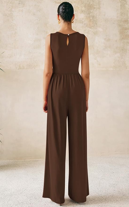 PRETTYGARDEN One Piece Jumpsuits for Women Dressy Casual Sleeveless Crewneck Wide Leg Rompers Jumpers Vacation Summer Outfits