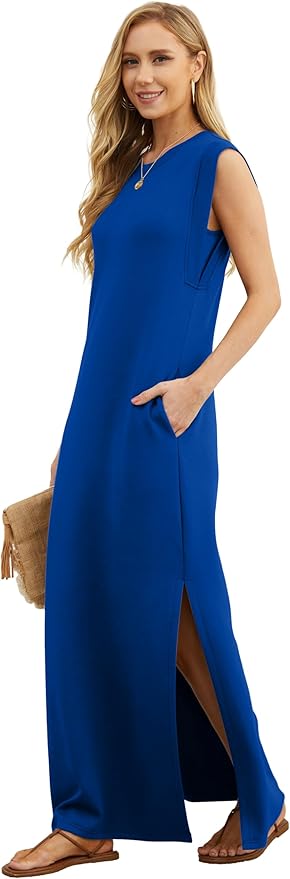 GRECERELLE 2026 Women Year-Round Casual Round Neck Loose Split Wrinkle-Free Long Maxi Vacation Dress with Pockets (XXS-4XL)
