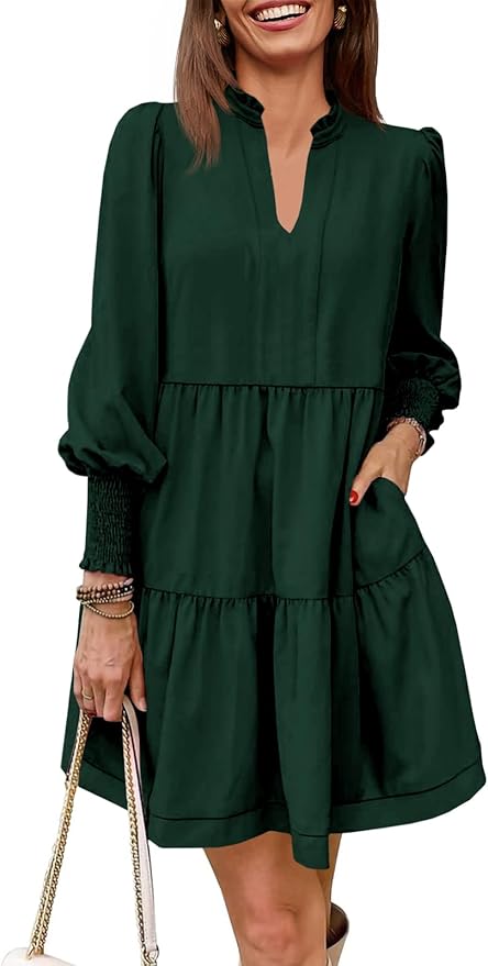 Imily Bela Womens Fall Long Sleeve Tunic Dress Casual V Neck Loose Ruffle Tiered Dress