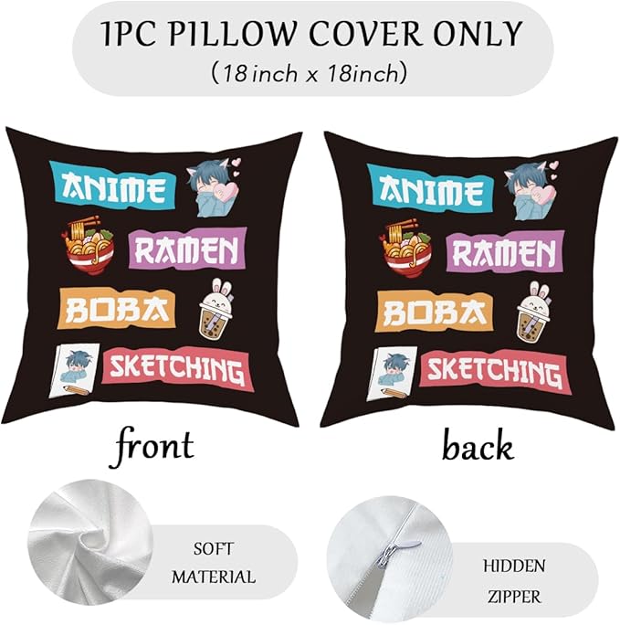 NGLIV Anime Decor, Just a Girl Who Loves Ramen Boba Sketching Room Decorative Throw Pillow Covers, Anime Lovers for Home Living Room Girl Women Bedroom Decoration Gifts