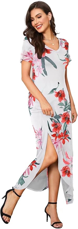 Arolina Women's Summer Maxi Dress Short Sleeve V Neck Casual Loose Long Beach Split Dresses with Pockets