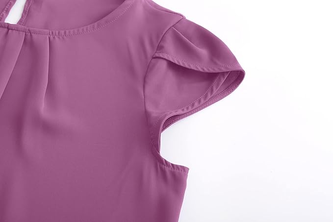 TASAMO Women's Casual Round Neck Basic Pleated Top Cap Sleeve Curved Keyhole Back Chiffon Blouse