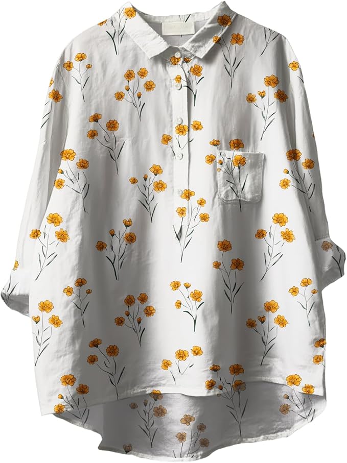 Women Funny Graphic Long Sleeve Floral Blouses Plus Size Button Shirts Casual Cute Vneck Fall Tunic Tops Trendy