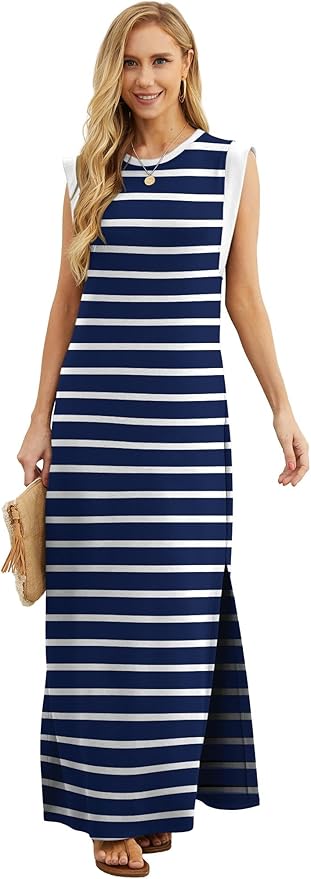 GRECERELLE 2026 Women Year-Round Casual Round Neck Loose Split Wrinkle-Free Long Maxi Vacation Dress with Pockets (XXS-4XL)