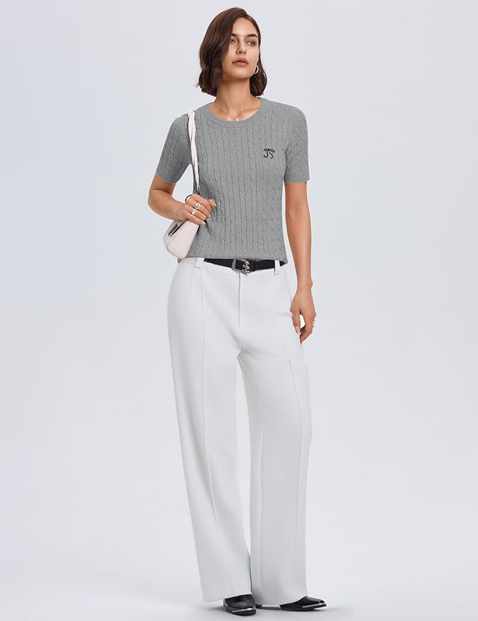 Micoson Womens Short Sleeve Cable Knit Sweater Tops Crewneck Lightweight Spring Summer Shirts Business Dressy Casual Outfits