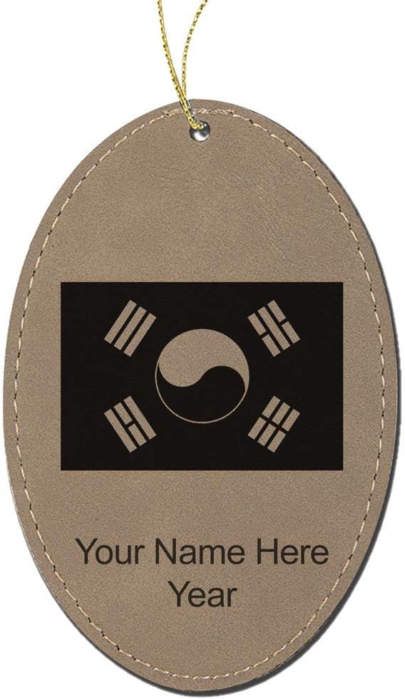 LaserGram Personalized Christmas Ornament, Flag of South Korea, Faux Leather, Custom Laser Engraved Gift Idea (Oval Shape, Light Brown)