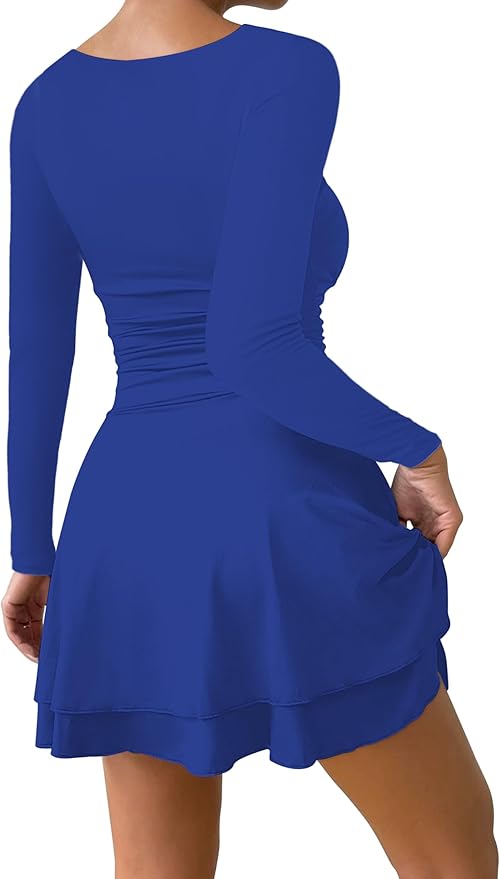 IWD Women's Square Neck Long Sleeve Mini Dress Ruched Corset Waist Tiered Ruffle Hem A Line Short Party Dresses