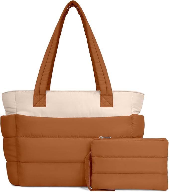 TOPDesign Puffer Tote Bag for Women, Lightweight Puffy Handbag with Compartments, Quilted Shoulder Bag for Work, Travel, Gym