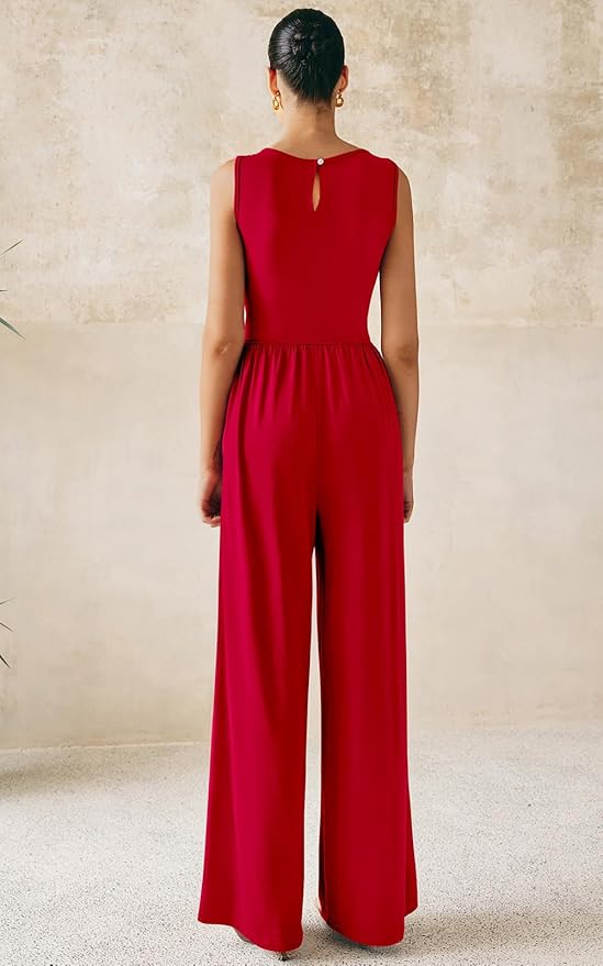 PRETTYGARDEN One Piece Jumpsuits for Women Dressy Casual Sleeveless Crewneck Wide Leg Rompers Jumpers Vacation Summer Outfits
