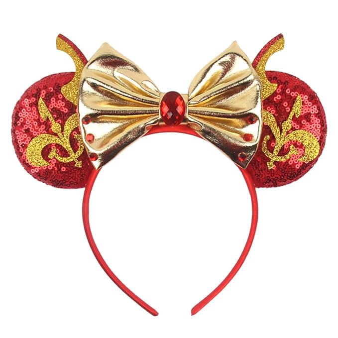 WW-WONDERFULWORLD Shiny Mouse Ears Headbands With Golden Bows & Ruby & Sequin, for Women PNA Costume Cosplay Glitter Star Wars Theme Party, Red; 2HJ