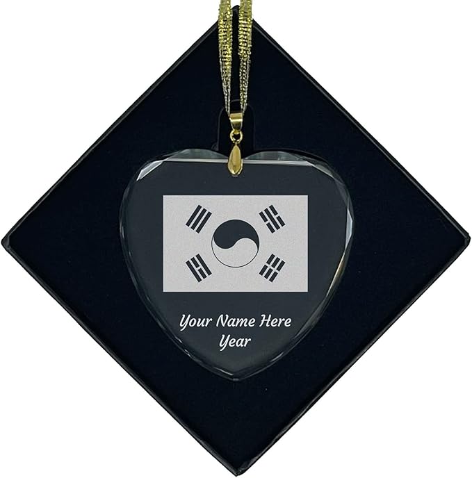 LaserGram Personalized Glass Christmas Ornament,Flag of South Korea, Custom Laser Engraved Gift Idea (Heart Shape)