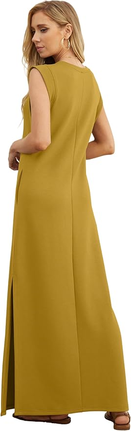 GRECERELLE 2026 Women Year-Round Casual Round Neck Loose Split Wrinkle-Free Long Maxi Vacation Dress with Pockets (XXS-4XL)