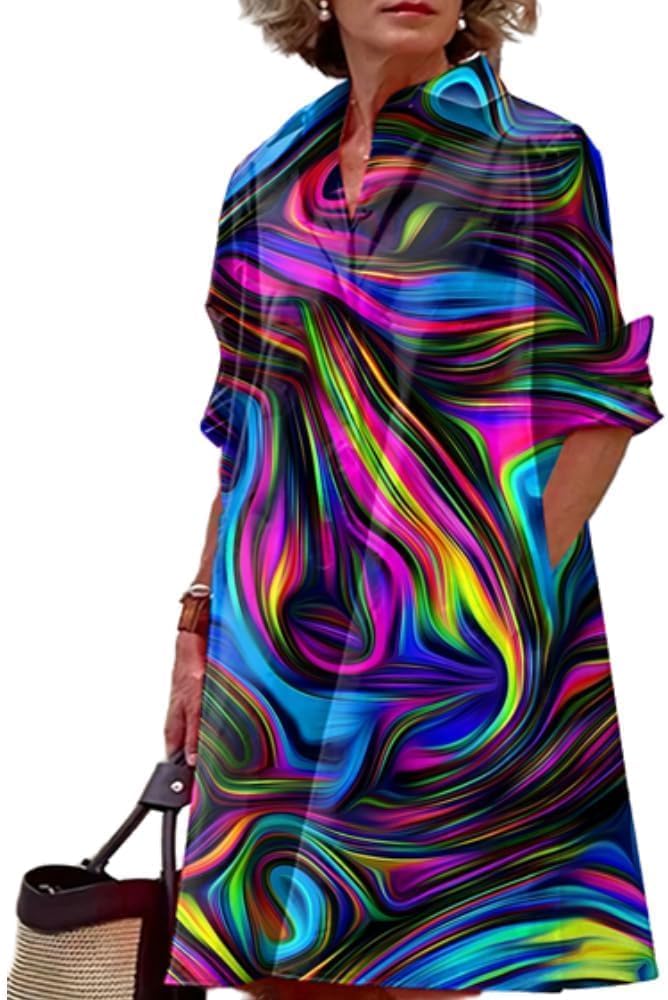Womens 2025 Long Sleeve Button Down Shirt Summer Dress Casual V Neck Loose Fit Midi Shirt Dresses with Pockets