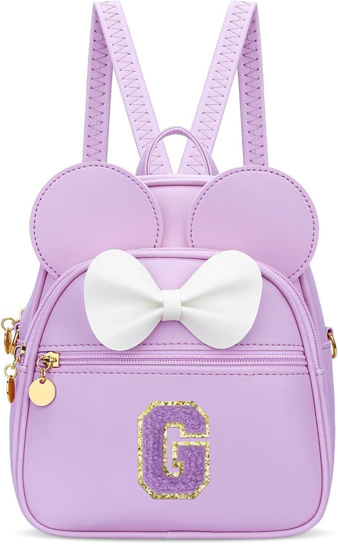 KKXIU Girls Initial Bowknot Cute Mini Backpack for Toddler, Travel Small Girl Backpacks, Personalized Valentine's Day Gifts for Little Girls and Kids(G, Purple)