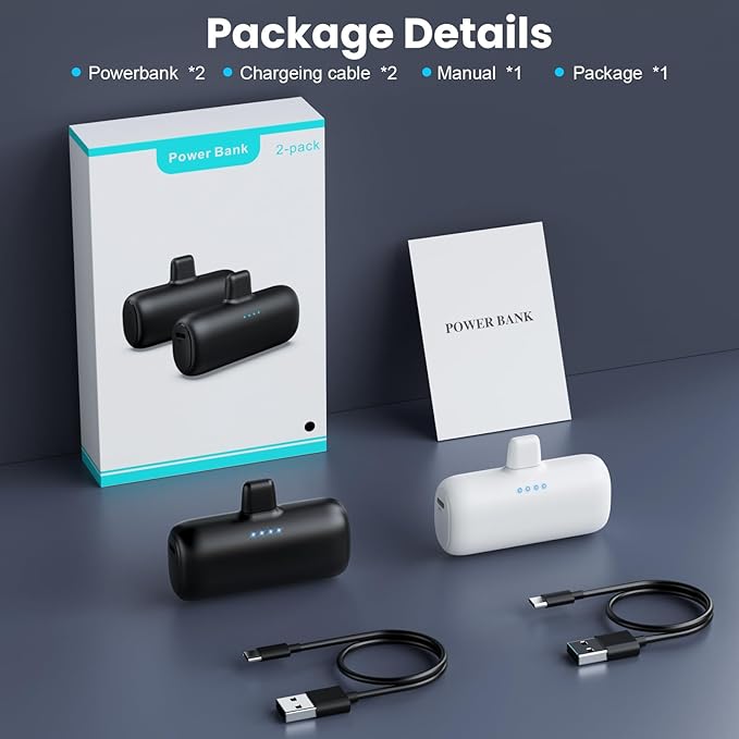 [2-Pack] Mini Portable Charger for iPhone,5200mAh Ultra Compact PD Fast Charging Power Bank,Plug-in Battery Pack Travel Cordless Phone Charger,Compatible with iPhone 14/14Pro/13/12/11/X/8/7/6plus etc