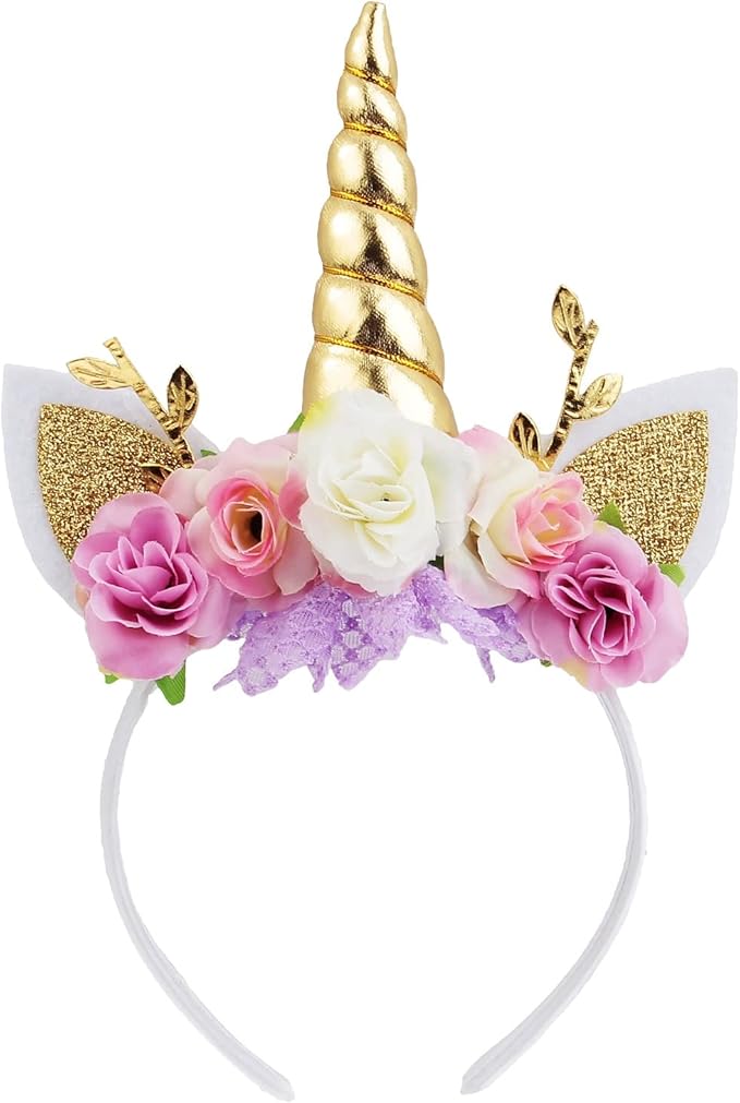 Nishine Unicorn Horn Floral Headband Glitter Ears Pony Head Bands Tiara for Girls Party Birthday Cosplay