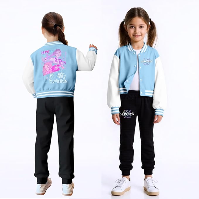 K PopGirls Kpop Tracksuit Cute Cartoon Print Baseball Coats Fashion Long Sleeve Jackets and Pants Christmas Costume Set