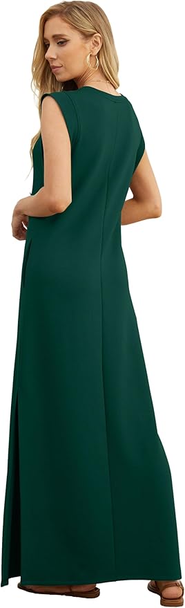 GRECERELLE 2026 Women Year-Round Casual Round Neck Loose Split Wrinkle-Free Long Maxi Vacation Dress with Pockets (XXS-4XL)