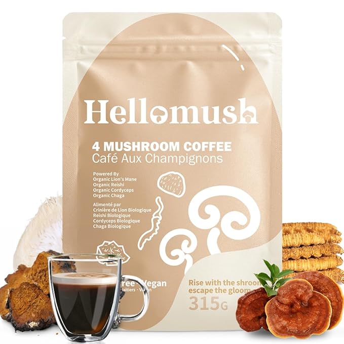 Hellomush Organic Instant Mushroom Coffee with Lions Mane, Reishi, Chaga and Cordyceps Coffee, Adaptogen Drink for Greater Energy, More Focus, Better Digestion, and Gut Support 90 Servings 11.11 oz
