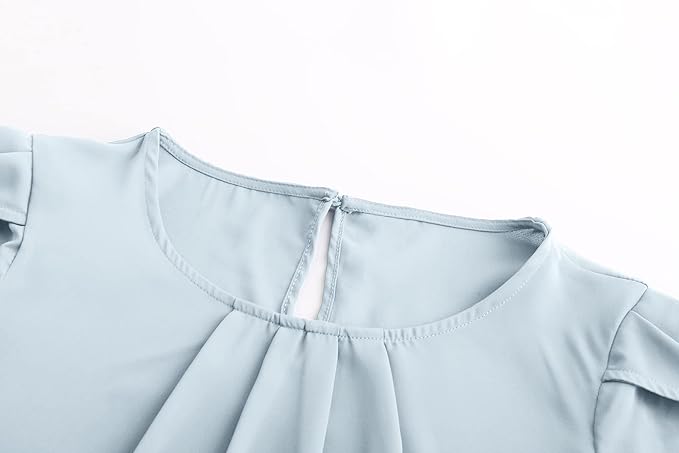 TASAMO Women's Casual Round Neck Basic Pleated Top Cap Sleeve Curved Keyhole Back Chiffon Blouse