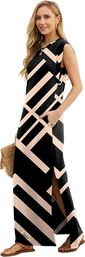 GRECERELLE 2026 Women Year-Round Casual Round Neck Loose Split Wrinkle-Free Long Maxi Vacation Dress with Pockets (XXS-4XL)