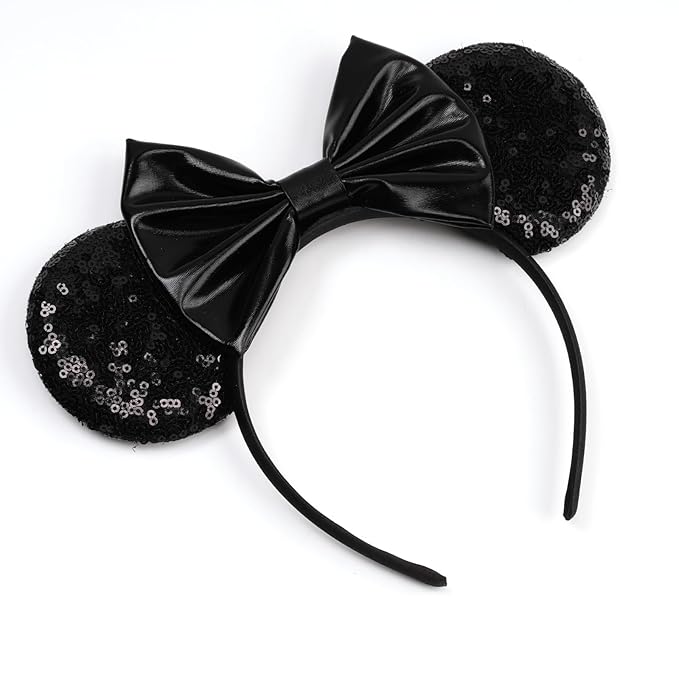 bianbaistar Mouse Ears Headband - Velvet Hair Bow Headwear with Sparkle Sequins for Women, Girls & Boys (Black Bow)