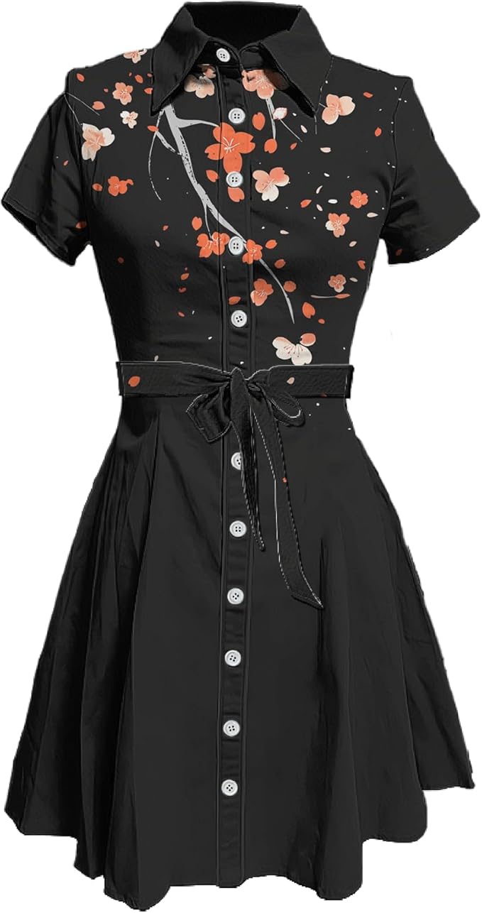 MARSVOVO Japanese Art Shirt Dresses for Women Short Sleeve Ruffle Button Down Tie Waist Trendy Elegant Midi Dress
