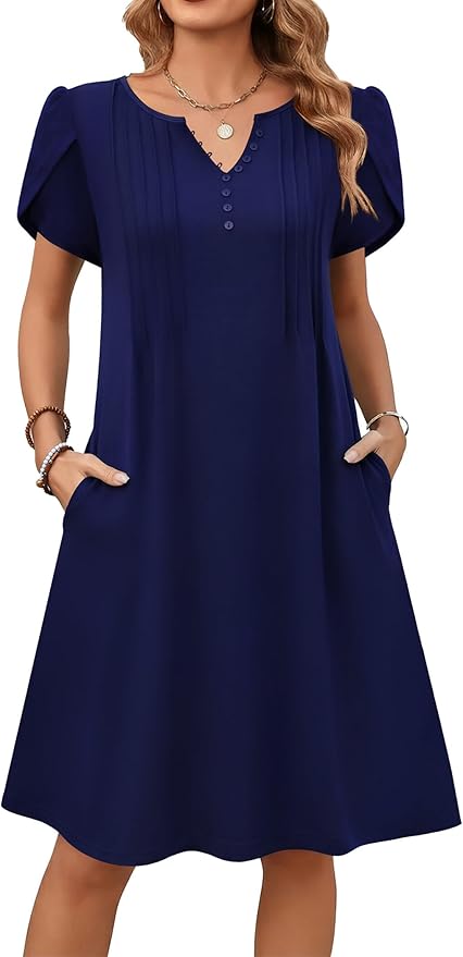 Zeagoo Women's Casual Dresses with Pockets Summer Floral V-Neck A-Line Tshirt Dress Short Sleeve Mini Dress Beach Sundress