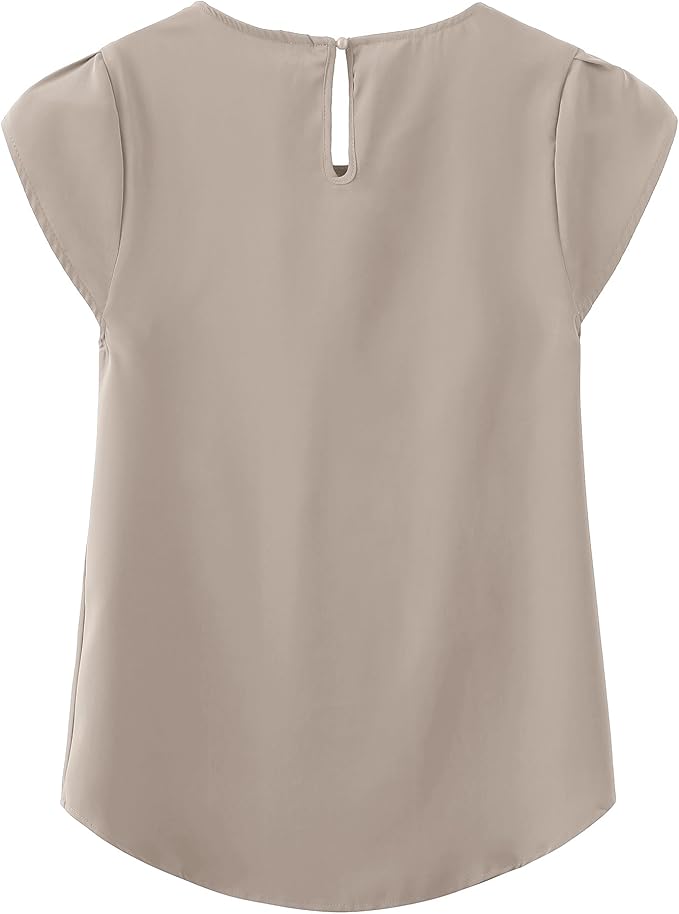 TASAMO Women's Casual Round Neck Basic Pleated Top Cap Sleeve Curved Keyhole Back Chiffon Blouse