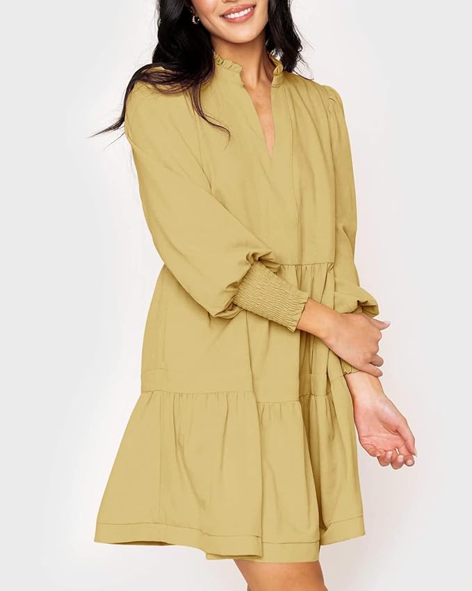 Imily Bela Womens Fall Long Sleeve Tunic Dress Casual V Neck Loose Ruffle Tiered Dress
