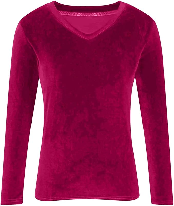 Velvet Tops for Women Dressy Casual V Neck Shirts Loose Fit Vintage Long Sleeve Velour Blouse Solid Holiday Party Outfits