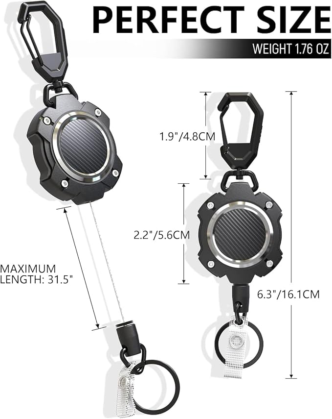 LIUGX 2 Pack Retractable Keychain, Heavy Duty Carabiner Key Chains, 10,000+ Rebound, Impact Resistance ID Badge Reels with 31.5” Wire Rope and Key Ring, Up to 8oz, Aluminum Ring, Carbon Fiber-Texture