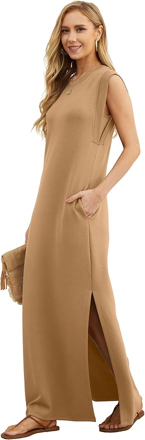 GRECERELLE 2026 Women Year-Round Casual Round Neck Loose Split Wrinkle-Free Long Maxi Vacation Dress with Pockets (XXS-4XL)