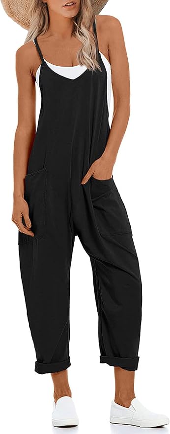 Lentta Women's Causal Jumpsuits V Neck Sleeveless Harem Overalls Stretchy Adjustable Strap Romper with Pockets