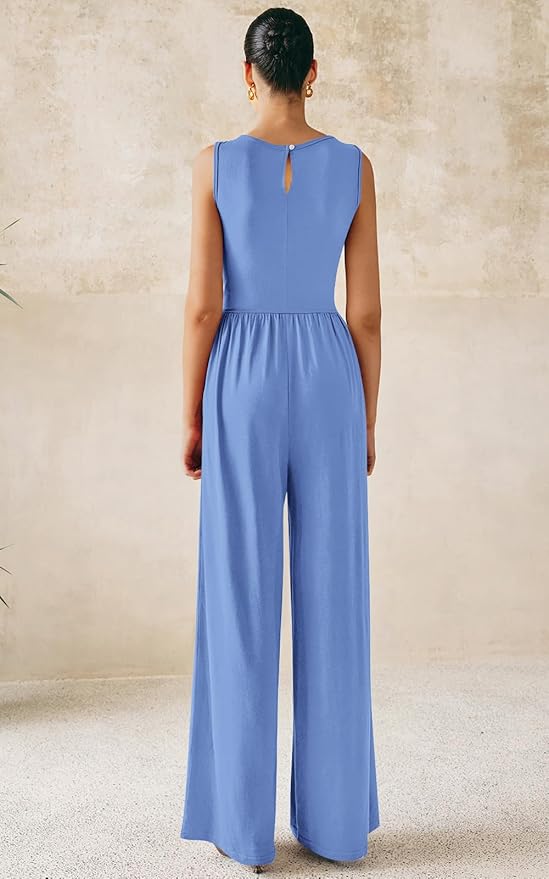 PRETTYGARDEN One Piece Jumpsuits for Women Dressy Casual Sleeveless Crewneck Wide Leg Rompers Jumpers Vacation Summer Outfits