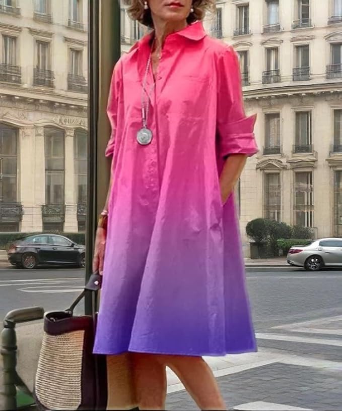 Womens 2025 Long Sleeve Button Down Shirt Summer Dress Casual V Neck Loose Fit Midi Shirt Dresses with Pockets