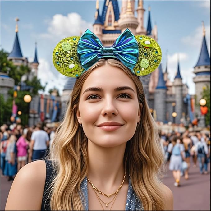 WW-WONDERFULWORLD Alien Theme Mouse Ears Headband - Green Sequin Ears with Sparkling Purple Bow & Blue Rhinestones, Kawaii Cosmic Hair Accessory for Theme Park, Cosplay, Rave Festival
