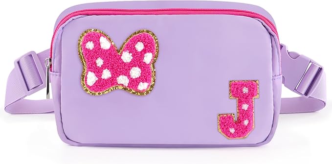 Chenille Initial Letter Bow Mouse Fanny Pack, Waterproof Park Crossbody Bag Christmas Birthday Gifts for Teen Girls Daughter Women Kids Adults, Cute Belt Bag Must Haves for Park Travel (J, Purple)