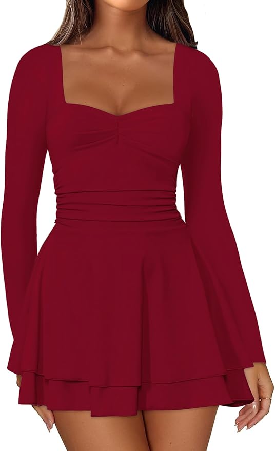 IWD Women's Square Neck Long Sleeve Mini Dress Ruched Corset Waist Tiered Ruffle Hem A Line Short Party Dresses