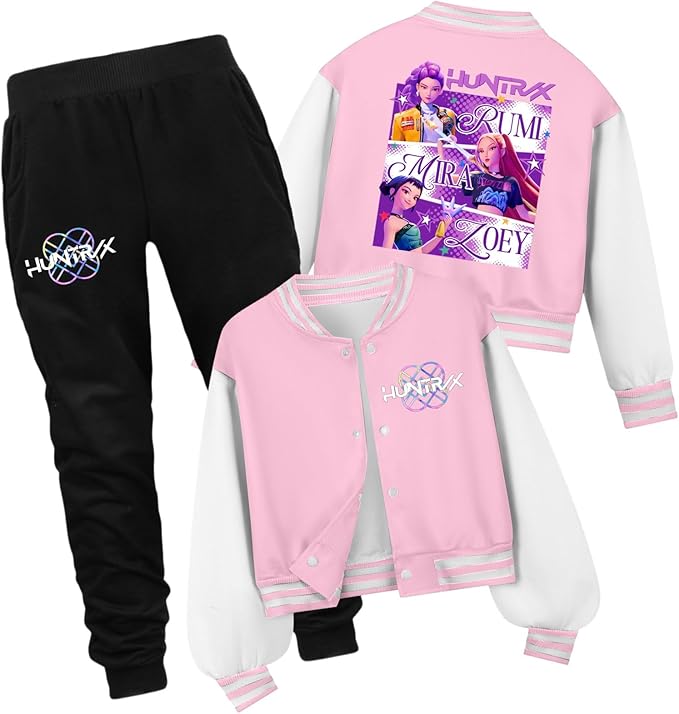 K PopGirls Kpop Tracksuit Cute Cartoon Print Baseball Coats Fashion Long Sleeve Jackets and Pants Christmas Costume Set